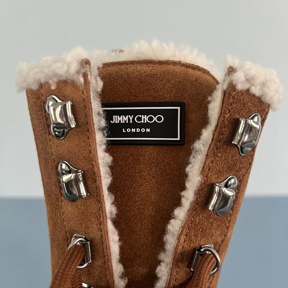 Jimmy Choo Aldea Lace-Up Shearling Lined Suede Camel Brown Mid Calf Boots - Picture 10 of 13